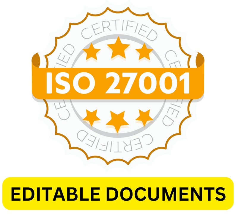 May include: A white and gray circular seal with the text "CERTIFIED" around the edge. A yellow ribbon with the text "ISO 27001" is wrapped around the seal. Five yellow stars are on the seal above and below the ribbon.