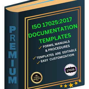 May include: A blue book with gold trim and the text "ISO 17025:2017 Documentation Templates" in green. The book has a gold seal with the text "Premium Quality" and a purple seal with the text "17025".