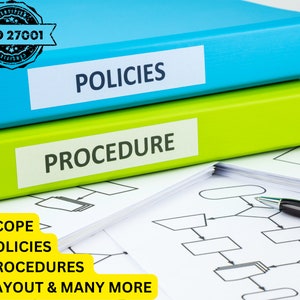 May include: Two blue and green binders labeled "POLICIES" and "PROCEDURE". The binders are stacked on top of a white document with a flowchart and the text "&bull; SCOPE &bull; POLICIES &bull; PROCEDURES &bull; LAYOUT & MANY MORE".
