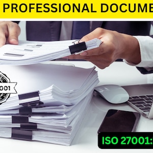 May include: A stack of over 60 professional documents, secured with binder clips, sits on a desk with a laptop, a mouse, and a smartphone. The documents are labeled with the text "ISO 27001:2022". A black and white stamp with the text "ISO 27001" is visible on the top of the stack.