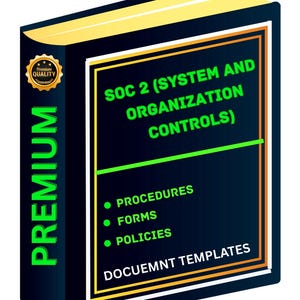 Pode incluir: Um livro com capa azul escuro e detalhes dourados. O título "SOC 2 (System and Organization Controls)" está em texto verde. O livro também lista "Procedimentos, Formulários, Políticas" e "Modelos de Documentos". Um selo dourado "Premium Quality" está na capa.