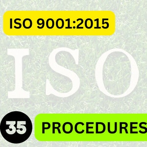 K&ouml;nnte beinhalten: Ein Grafikdesign mit dem Text ISO 9001:2015 in Schwarz auf einem gelben abgerundeten Rechteck, den gro&szlig;en wei&szlig;en Buchstaben ISO und einem schwarzen Kreis mit der Zahl 35 neben einem gr&uuml;nen abgerundeten Rechteck mit dem Wort PROCEDURES in Schwarz.