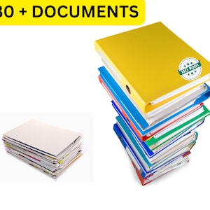 Op de afbeelding: Een stapel kleurrijke mappen met papieren erin, met het label "30+ DOCUMENTS". Links in de afbeelding ligt een stapel losse papieren. De bovenste map is geel en heeft een groene ISO 9001-sticker.