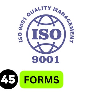 K&ouml;nnte beinhalten: Ein violettes ISO 9001 Quality Management Logo mit einem Globus-Symbol und dem Text ISO 9001. Unter dem Logo befindet sich ein schwarzer Kreis mit der Zahl 45 und ein limettengr&uuml;nes abgerundetes Rechteck mit dem schwarzen Text FORMS, insgesamt 45 Formulare.