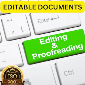 Op de afbeelding: Een wit computertoetsenbord met een groene toets waarop "Editing & Proofreading" staat. De toets is gemarkeerd. Bovenaan het toetsenbord staat een gele banner met de tekst "Editable Documents". In de linkerbenedenhoek bevindt zich een gouden ISO 9001-certificeringszegel.