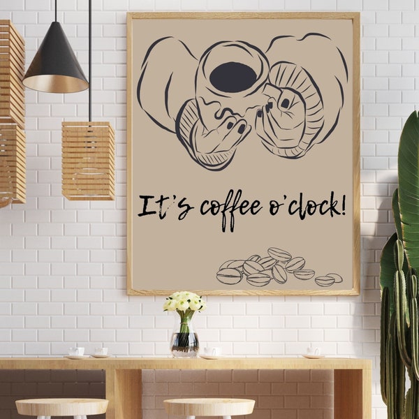 Coffee Hands Art Print, Abstract Coffee Art, Coffee Art, Minimal Art,  Coffee Bar Decor Cafe Poster Digital Download, ıt's coffee o'clock