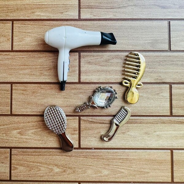 Dollhouse Miniature Brush, Combs, Hair Dryer, Mirror Vanity Accessory 5-pc Set