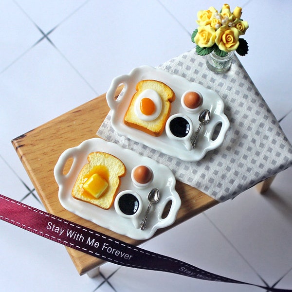 Dollhouse Miniature Breakfast Set, Coffee Toast with Egg and Butter