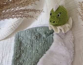 Dinosaur diaper comforter for baby: Crochet comforter, double gauze, customizable handmade fur - birth/babyshower gift