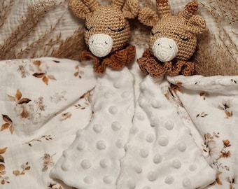Doudou lange girafe pour bébé: Doudou au crochet, double gaze, fourrure personnalisable fait main - cadeau naissance/babyshower
