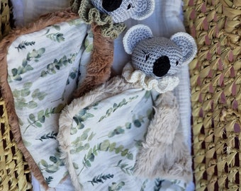 Koala blanket blanket for baby: Crochet blanket, double gauze, customizable handmade fur - birth/babyshower gift