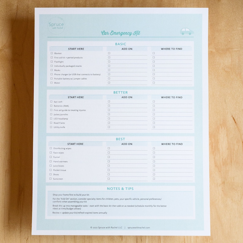 Car Emergency Kit Checklist - Etsy