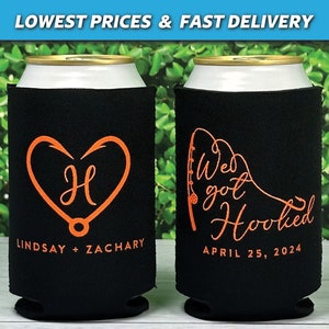 Personalized Wedding Can Coolers, Huggers for Modern Weddings or Engagements, Neoprene Can Coolers, Fishing Theme Coolers, We Got Hooked