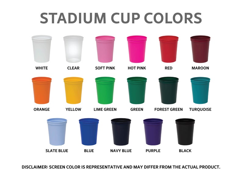 K&ouml;nnte beinhalten: Ein Diagramm mit 15 verschiedenen Farben von Stadionbechern. Die Farben sind wei&szlig;, klar, zartrosa, pink, rot, weinrot, orange, gelb, lindgr&uuml;n, gr&uuml;n, dunkelgr&uuml;n, t&uuml;rkis, schieferblau, blau, marineblau, lila und schwarz.