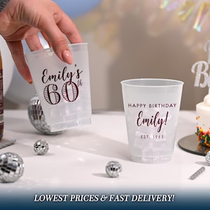 personalized cups, plastic party cups, custom wedding cups, wedding cups, custom plastic cups, party favor cups, shatterproof cups, birthday party cups, happy birthday cups, frosted plastic cups, frost flex cups, 60th birthday, 40th birthday