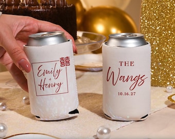 Personalized Double Happiness Wedding Can Coolers, Asian Wedding Decor