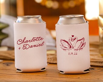 Personalized Swan Wedding Can Coolers, Timeless Wedding Huggers, Just Married Favors, Elegant Wedding Favors, Romantic Vintage Swan Design