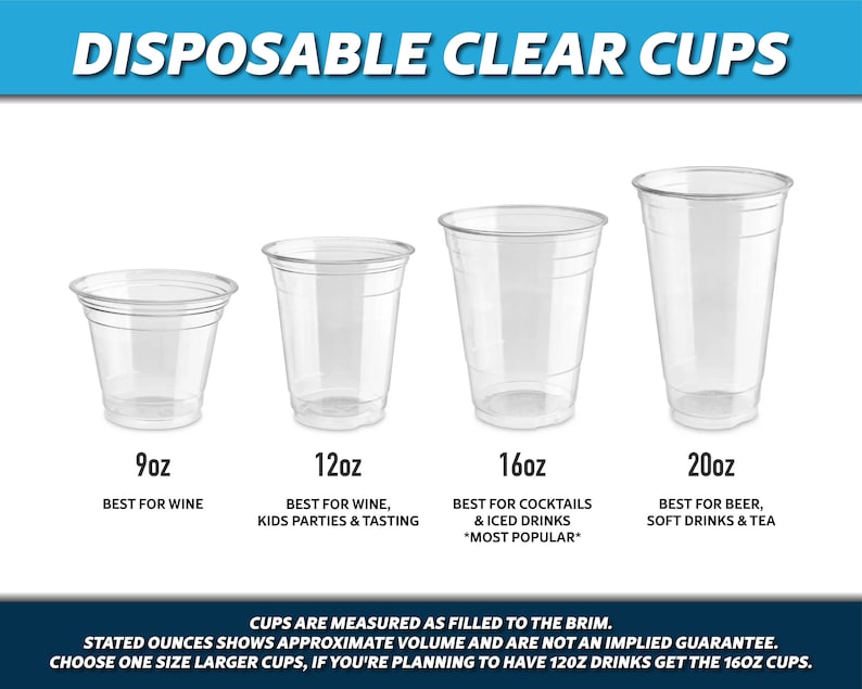 May include: Four clear disposable cups of varying sizes: 9oz, 12oz, 16oz, and 20oz. Text indicates suitable uses for each, such as wine, cocktails, and beer. Cups are measured when filled to the brim.