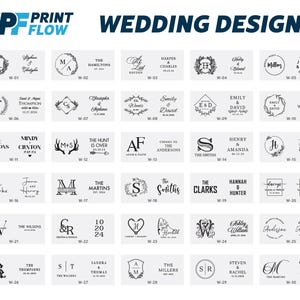Puede incluir: Una cuadr&iacute;cula de 30 plantillas de dise&ntilde;o de boda en blanco y negro. Cada plantilla presenta un dise&ntilde;o &uacute;nico con iniciales, nombres y fechas. Los dise&ntilde;os est&aacute;n etiquetados con la letra W y un n&uacute;mero.
