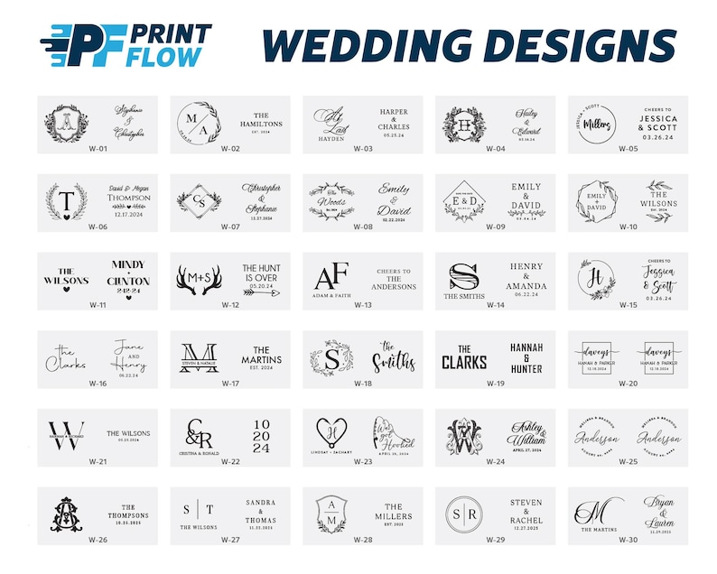 Puede incluir: Una cuadr&iacute;cula de 30 plantillas de dise&ntilde;o de boda en blanco y negro. Cada plantilla presenta un dise&ntilde;o &uacute;nico con iniciales, nombres y fechas. Los dise&ntilde;os est&aacute;n etiquetados con la letra W y un n&uacute;mero.