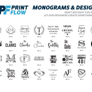 May include: A grid of 32 different monogram and design ideas for personalized gifts. The designs include initials, names, dates, and other text. The designs are in black and white and are arranged in a grid on a white background.