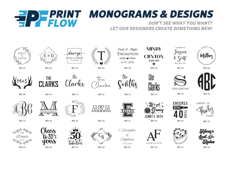 May include: A grid of 32 different monogram and design ideas for personalized gifts. The designs include initials, names, dates, and other text. The designs are in black and white and are arranged in a grid on a white background.