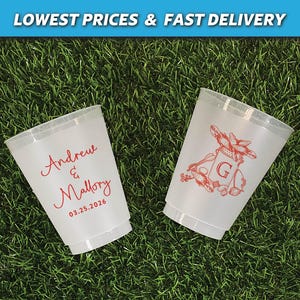May include: Two white plastic cups with red text. One cup says "Andrew & Mallory 03.25.2026". The other cup has a red graphic of a letter G with a floral design.