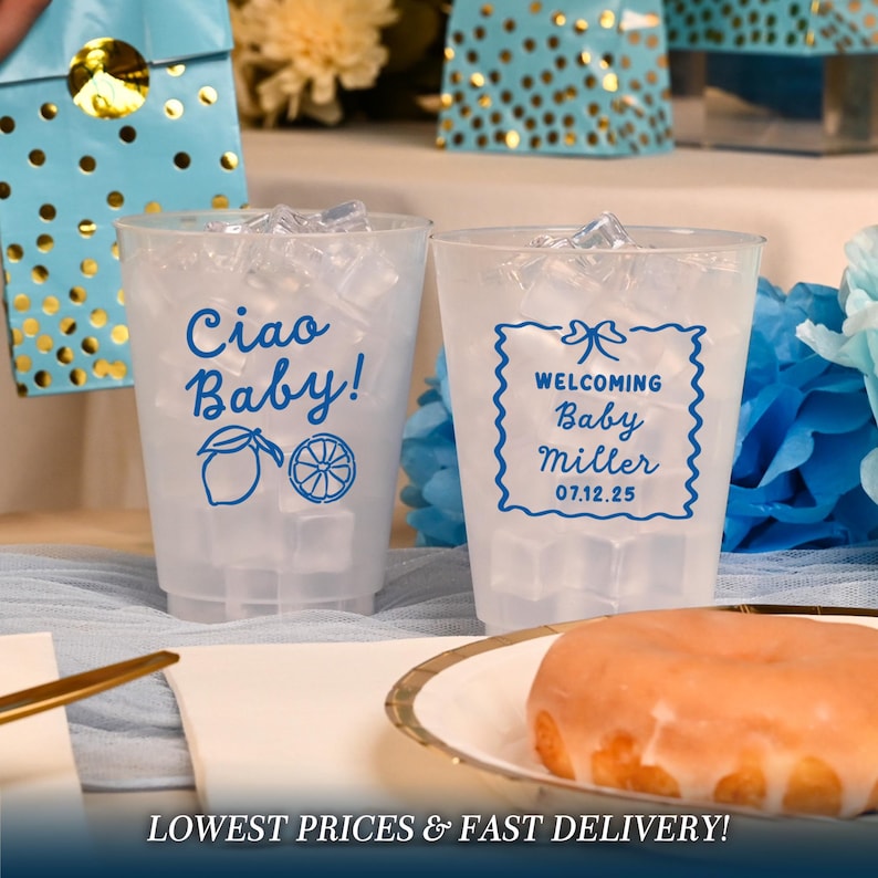frosted cups, personalized cups, baby shower favors, baby shower cups, its a girl, its a boy, girl shower cups, Ciao Bambino, ciao Bambina, Italian theme baby shower, Italian baby shower cups, amalfi coast summer, baby shower, ciao baby, gender reveal cups, girl shower favors, neutral gender reveal, neutral baby shower, lemon baby shower, citrus baby shower
