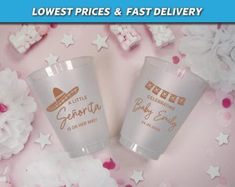 Vasos para baby shower "Una pequeña señorita está en camino", vasos de plástico esmerilado personalizados, vasos para baby shower de fiesta, vasos de Talavera para fiesta mexicana