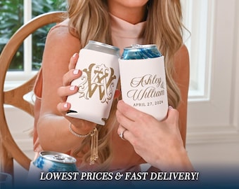 Personalized Wedding Can Coolers, Custom Huggers for Modern Wedding or Engagement Party, Wedding Monogram Beer Huggers, Engagement Favors