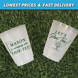 personalized cups, frosted plastic cups, golf birthday theme, golf party cups, lets partee cups, 30th birthday cups, 40th birthday, 50th birthday, 60th birthday, custom golf birthday cups, golf trip favors, golf cart cups, golf party favors, swinging into 30, swinging into thirty, 30th birthday,