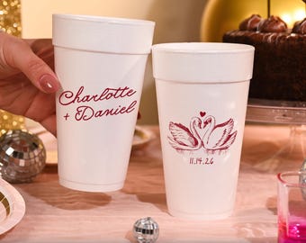 Personalized Swan Wedding Foam Cups, Timeless Wedding Styrofoam Cups, Elegant Wedding Favors, Romantic Vintage Swan Design, Timeless Wedding