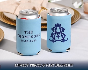 Personalized Wedding Can Coolers, Custom Huggers for Modern Wedding, Wedding Interlocking Initials Monogram Beer Huggers, Engagement Favors