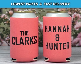 Personalized Wedding Can Coolers, Custom Huggers for Modern Wedding or Engagement Party