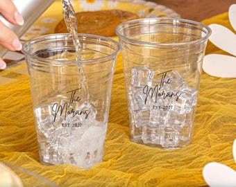 Last Name Wedding Soft Clear Plastic Cups, Personalized Soft Plastic Wedding Disposable Cups, Engagement Favors, Signature Drink