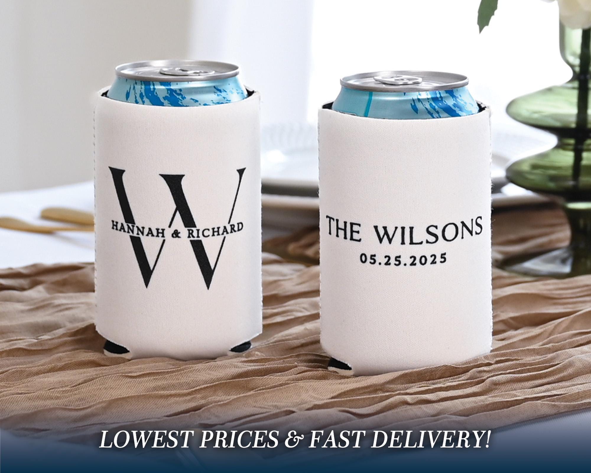 Wedding Can Coolers, Personalized Wedding Logo Huggers, Modern Wedding, Engagement Party Favors, Neoprene Can Coolers, Minimalistic Wedding