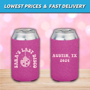 Last Disco Bachelorette Can Coolers, Custom Bachelorette Neoprene Can Coolers, Disco Bachelorette Favors, Austin Bachelorette Can Coolers