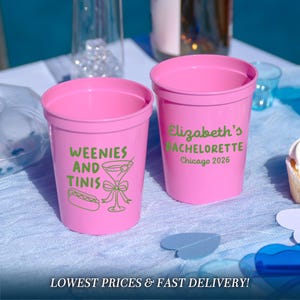 May include: Two pink plastic cups with green text. One cup says "Weenies and Tinis" with a hot dog and martini illustration. The other cup says "Elizabeth's Bachelorette Chicago 2026".