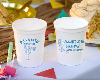 Personalized Ski Birthday Stadium Cups, Ski Ya Later 30th Birthday Favors