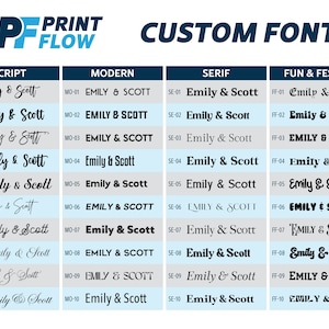 May include: A chart with ten different font styles for the name "Emily & Scott". The fonts are categorized as Script, Modern, Serif, and Fun & Festive.