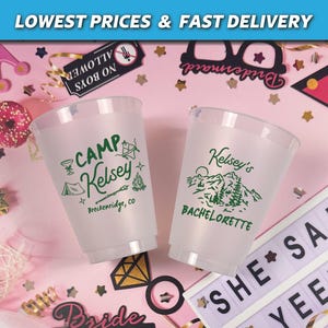 Camp Bachelorette Cups, Custom Camping Bachelorette Frosted Cups, Lake and Mountains Bachelorette Theme, Last Trail Before The Veil