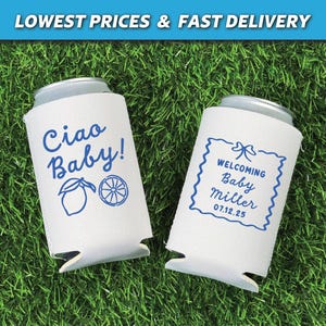 koozies, personalized koozies, baby shower favors, baby shower koozies, its a girl, its a boy, girl shower can coolers, Ciao Bambino, ciao Bambina, Italian theme baby shower, Italian baby shower koozies, amalfi coast summer, baby shower, ciao baby, gender reveal koozies, girl shower favors, neutral gender reveal, neutral baby shower, lemon baby shower, citrus baby shower