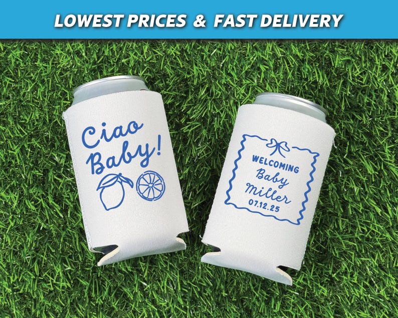 koozies, personalized koozies, baby shower favors, baby shower koozies, its a girl, its a boy, girl shower can coolers, Ciao Bambino, ciao Bambina, Italian theme baby shower, Italian baby shower koozies, amalfi coast summer, baby shower, ciao baby, gender reveal koozies, girl shower favors, neutral gender reveal, neutral baby shower, lemon baby shower, citrus baby shower
