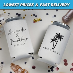 Beach Wedding Can Coolers, Beach Engagement Huggers, Modern Wedding Decor, Palm Tree Wedding Cups, Tropical Destination Wedding Favors