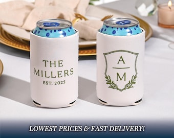 Personalized Wedding Can Coolers, Custom Huggers for Modern Wedding or Engagement Party, Wedding Monogram Beer Huggers, Engagement Favors