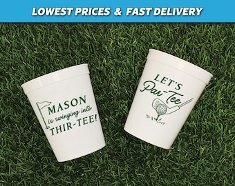 Swinging Into Thir-Tee, Golf Birthday Stadium Cups, Let's Partee, Custom Golf Party Cups, 30th Birthday, 40th Birthday, Golf Theme Party