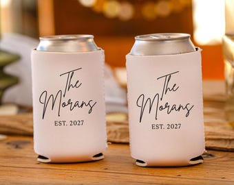 Personalized Wedding Can Coolers, Custom Huggers for Modern Wedding or Engagement Party, Wedding Monogram Beer Huggers, Engagement Favors