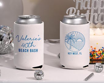 Beach Bash Birthday Can Coolers, Coastal Birthday Huggers, 40th Beach Birthday Favors, Beach Destination Weekend Cups, 30th 50th Birthday