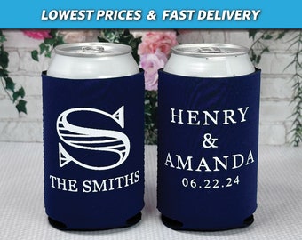 Personalized Wedding Can Coolers, Wedding Favors, Custom Huggers for Modern Weddings or Engagement Parties