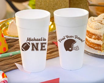 Football 1st Birthday Foam Cups, Football Party Styrofoam Cups, First Down Birthday Favors, Sports Birthday Favors, First Year Down Birthday